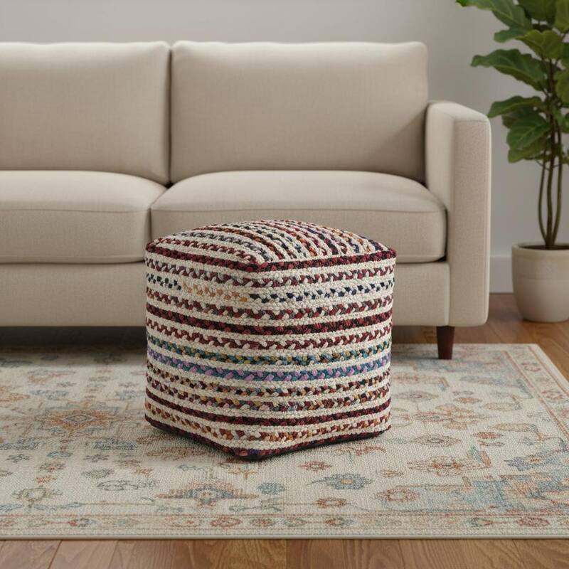 HomeRoots 18" Natural and Rainbow Braided Jute Blend Striped Pouf Ottoman - Natural/Rainbow - 18.00 in. x 18.00 in. x 18.00 in.