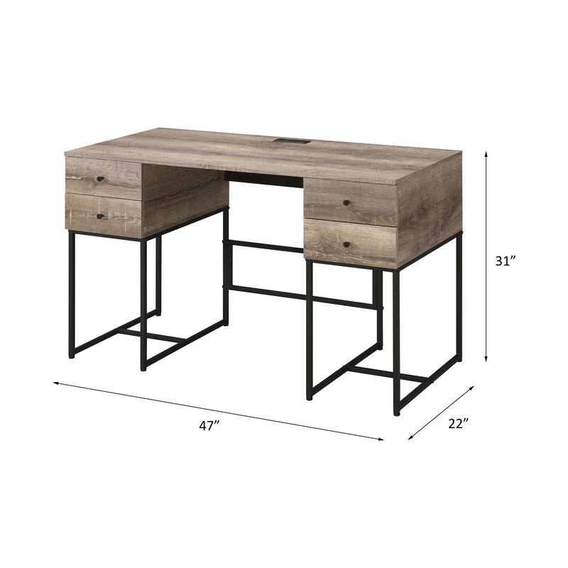 Elegant Rustic Oak Writing Desk with Four Storage Drawers, USB Charging Port & Sleek Black Metal Sled Base for Home or Office