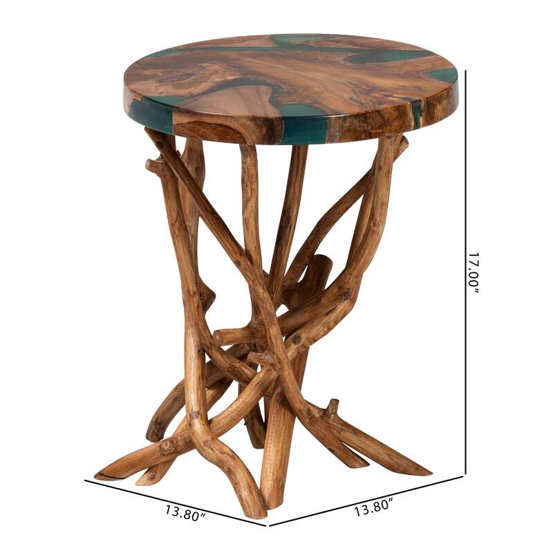 Amada Teak Wood Epoxy Resin End Table - Round Live Edge Side Table with Branch Legs, Handcrafted Modern Rustic Accent Table