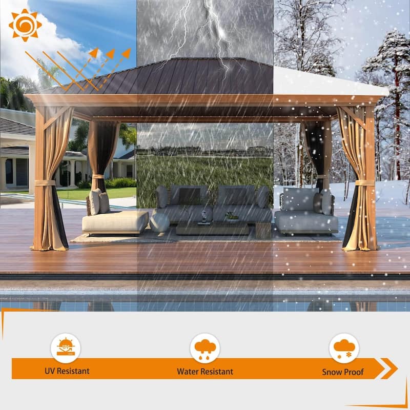 Outdoor Galvanized Steel Roof Gazebo Pergola w Wooden Coated Alumninum Frame, Privacy Curtains and Nettings Include