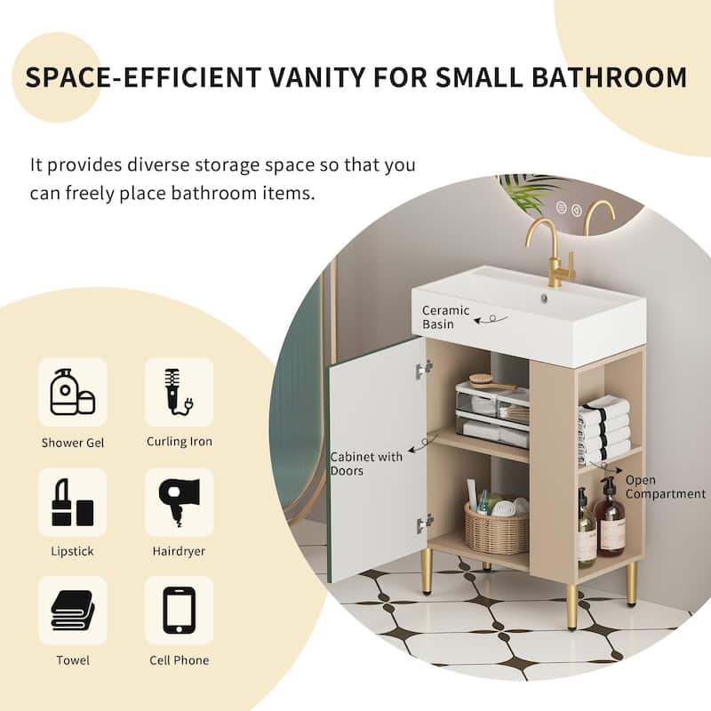 Open-shelving Bathroom Vanity with Ceramic Sink and Soft-Closing Door, Cloakroom Open Shelf Storage Cabinet on the Left Side