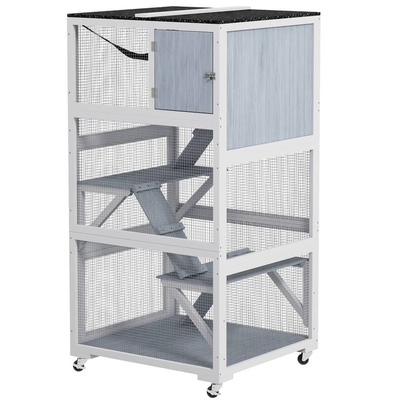 Grey-Black Fir Wood Cat House with Ramp, Hammock and Multi Platforms