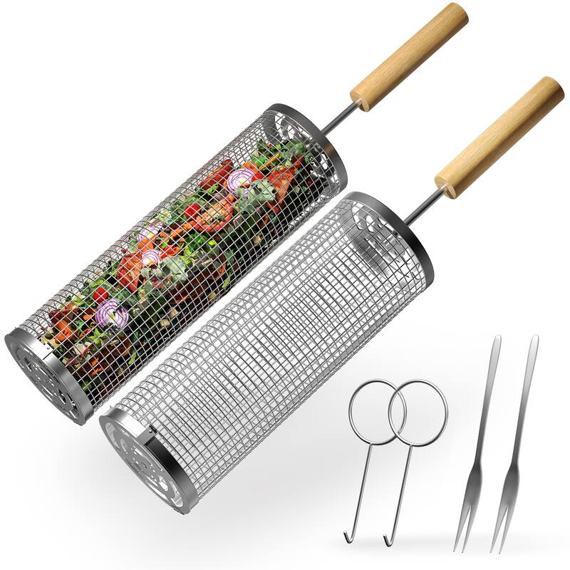 Sorbus Stainless Steel Rolling Barbecue Grilling Basket with Removable Handles - 2 Piece - 12" L x 3.75" W