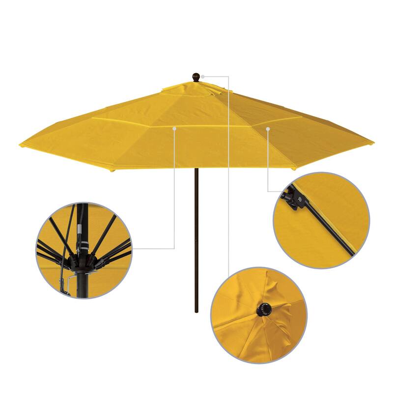 California Umbrella 11' Venture Series Patio Umbrella, Bronze Aluminum Pole Fiberglass Ribs Pulley Lift, Pacifica Pacific Blue