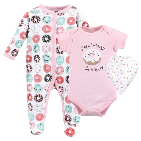 slide 1 of 1, Hudson Baby Infant Girl Cotton Sleep and Play, Bodysuit and Bandana Bib Set, Donut Worry 0-3 Months - Donut Worry