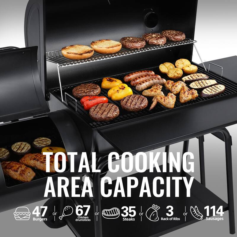 Royal Gourmet Charcoal Barrel Grill with Offset Smoker, Black