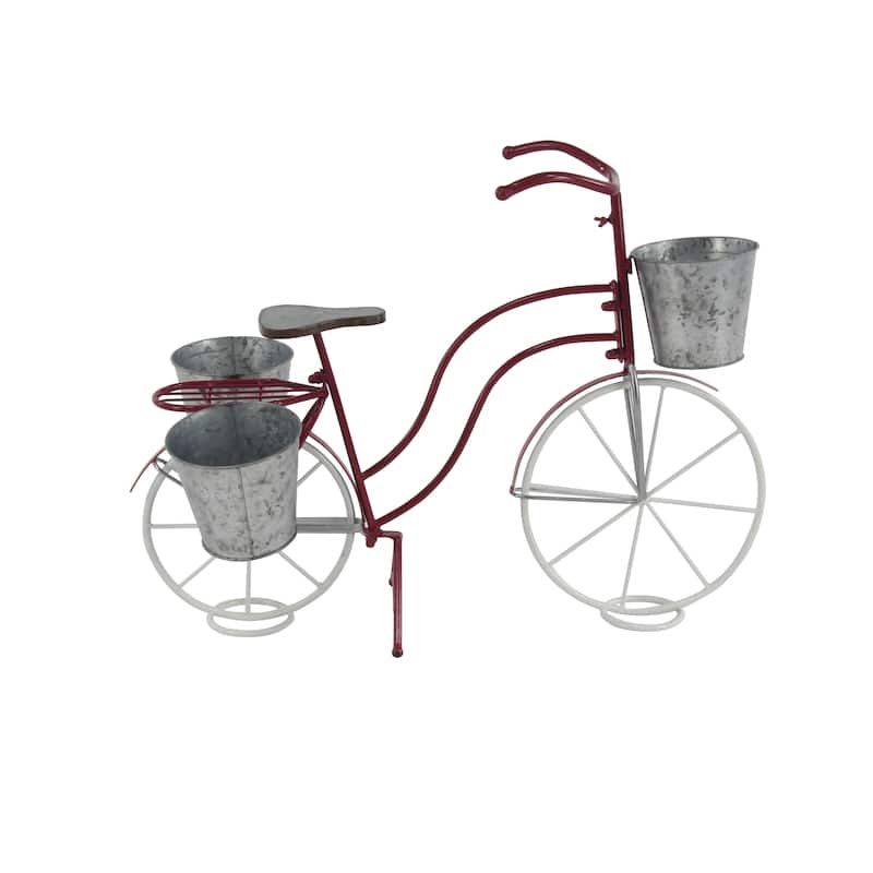 Red Metal Indoor Outdoor Bike Indoor Outdoor Plantstand with Basket and Saddle Bag Planters - 31 x 15 x 23Round