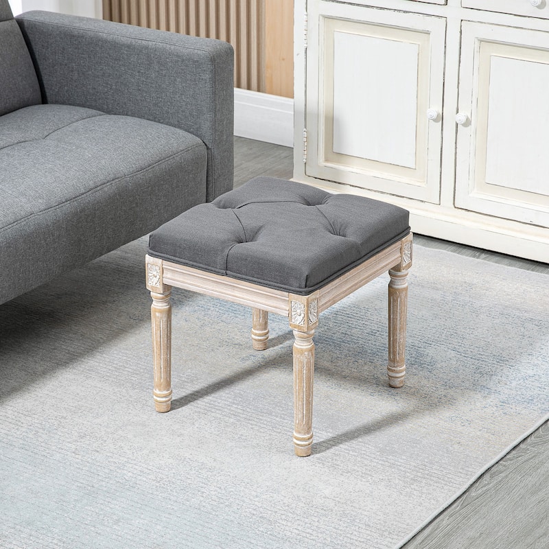 Upholstered Foot Stool with Button-Tufted Linen Cushion and Fluted Wooden Legs for Living Room