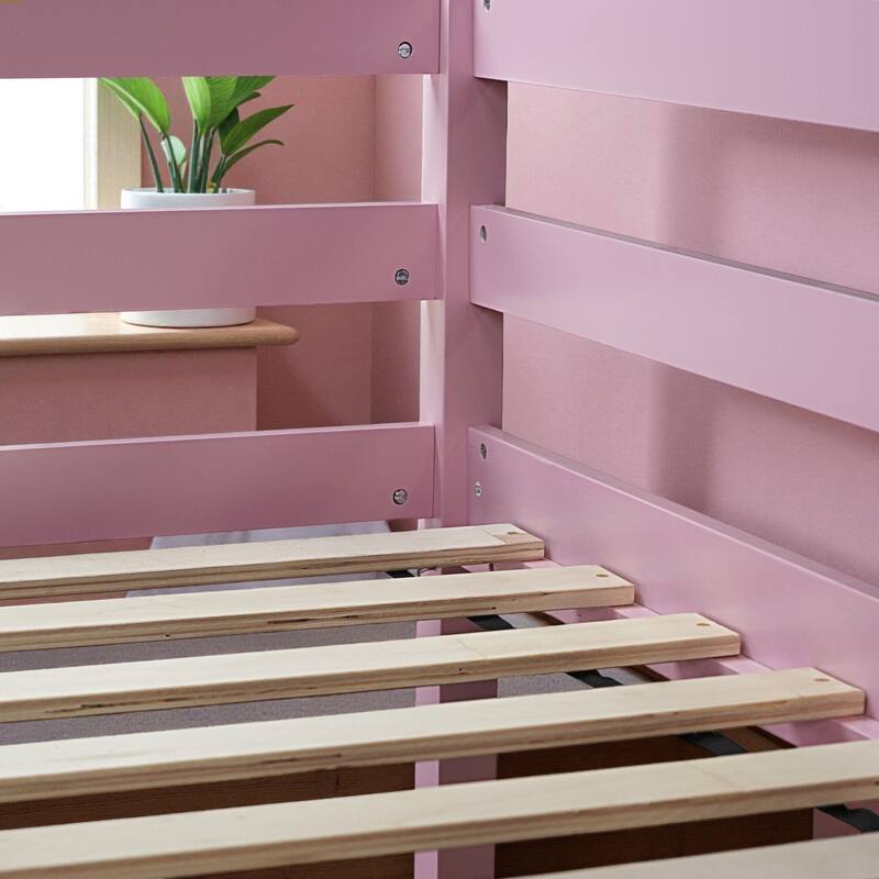 Twin Size Wooden High Loft Bed with Built-in Desk and Ladder, Solid Rubber Wood Loft Bed with Safety Guardrails