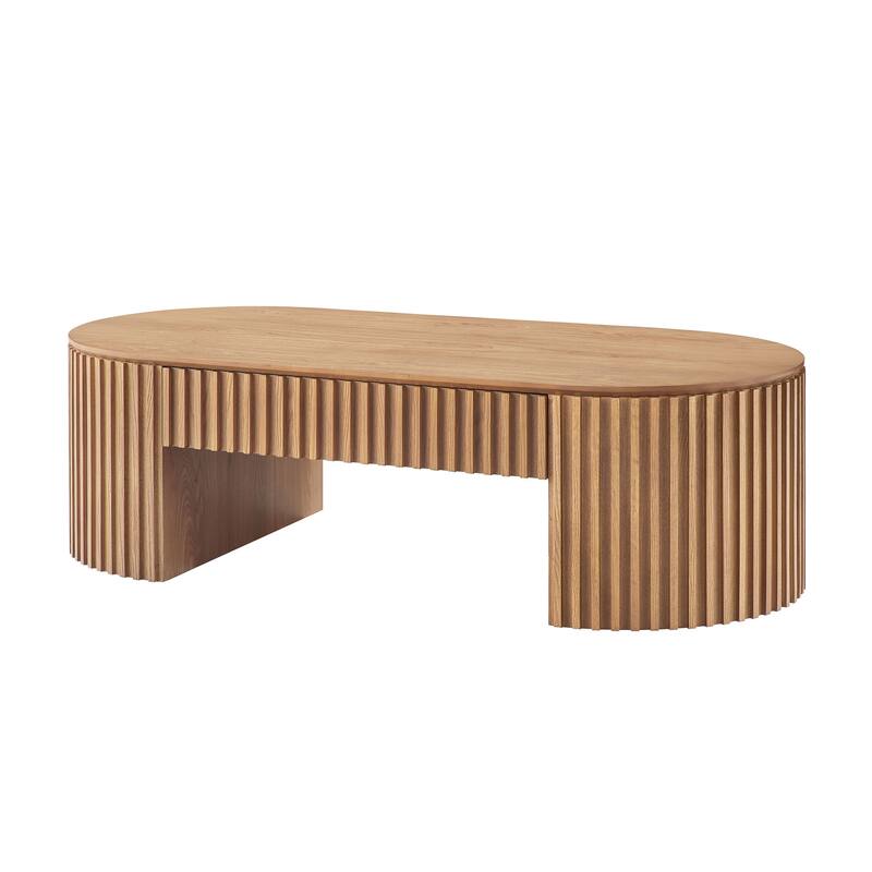 51.18" Mid-Century Modern Oval Wooden Coffee Table with Drawer for Living Room - Oak