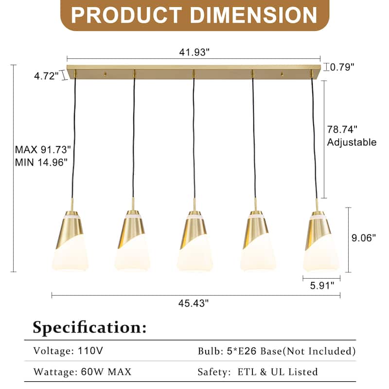 5-Light Gold Pendant Light with White Opal Glass Cone Shades - W 45.43-in