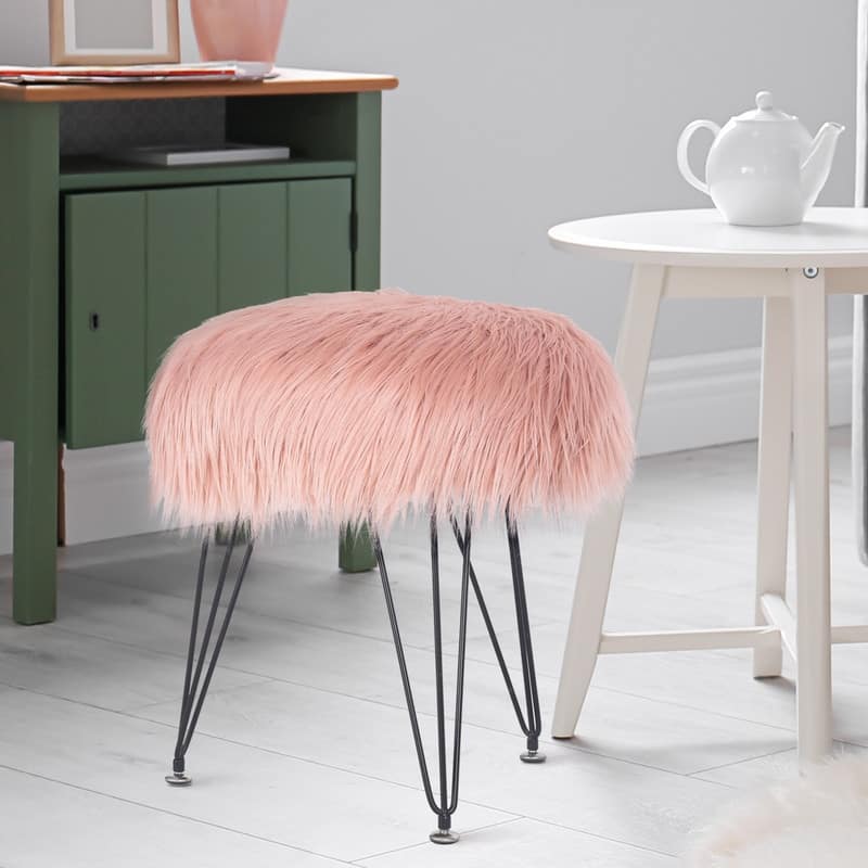 Adeco Faux Fur Ottoman Foot Rest Stool Fluffy Accent Stool