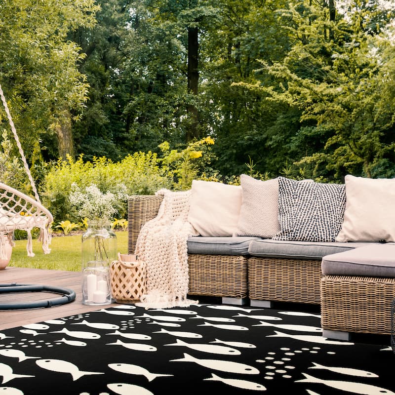SAFAVIEH Courtyard Ragne Indoor/ Outdoor Waterproof Patio Backyard Rug - 2'3" x 5' - Black/Beige