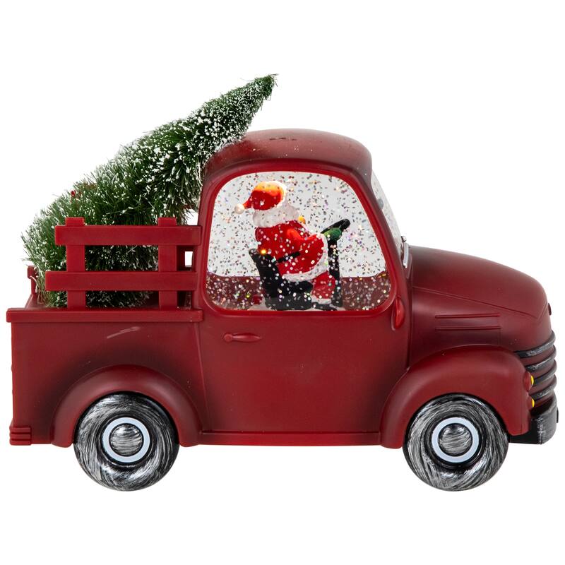LED Santa In Red Retro Truck With Christmas Tree Snow Globe -9"