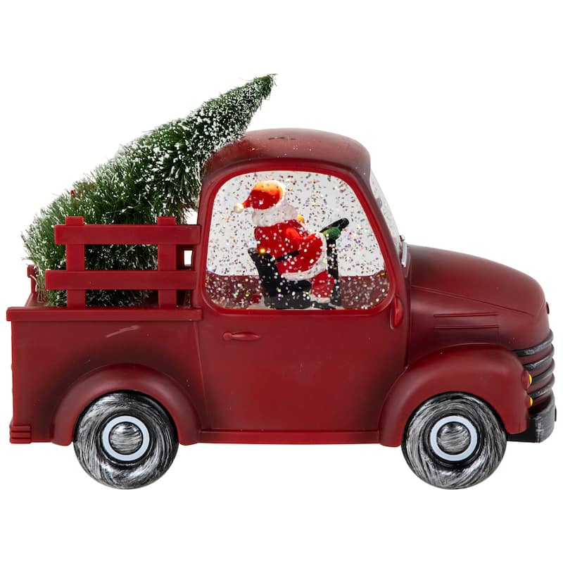 LED Lighted Santa in Red Retro Truck with Christmas Tree Snow Globe -9" - 9"