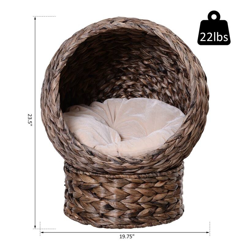 PawHut Cat Braided Banana Leaf House Enclosure, Designed for Indoors and Includes Super Soft Cotton Bed, 23.5" H, Grey