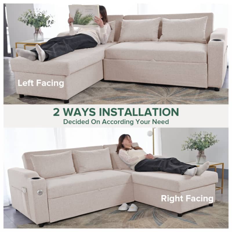 84"Adjustable Backrest Sofa Bed,3 in 1 Linen Sleeper with USB Ports & Cup Holders, Pull Out Couch Bed with Storage Chaise