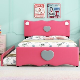 Full Size Upholstered Platform Bed with Twin Size Trundle, Dark Pink