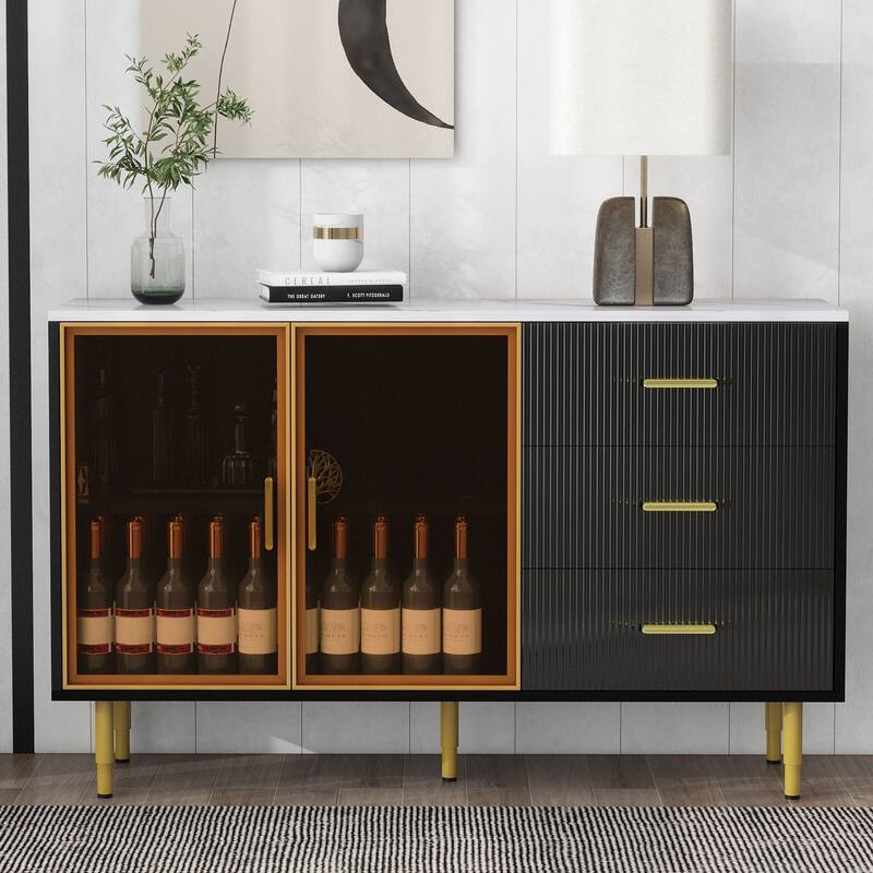 Luxury Storage Cabinet with Marble Finish, Gold Legs & Tempered Glass Doors for Modern Living Spaces - Black