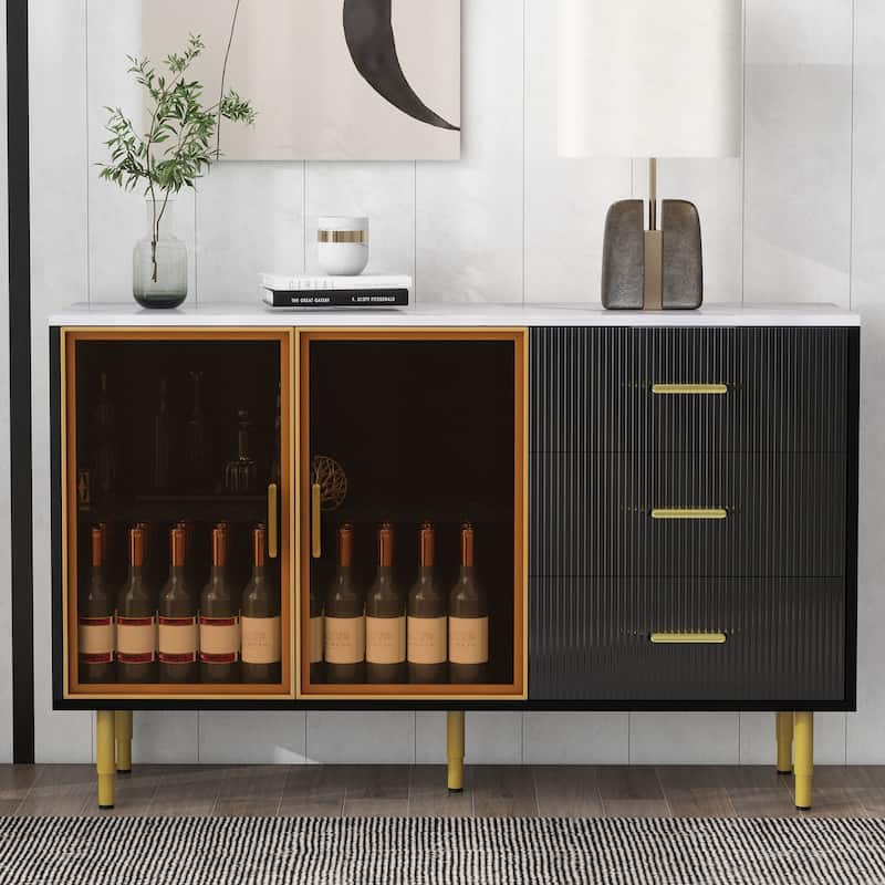 Nestfair Sideboard with Marble Sticker Tabletop and Gold Metal Legs - Black