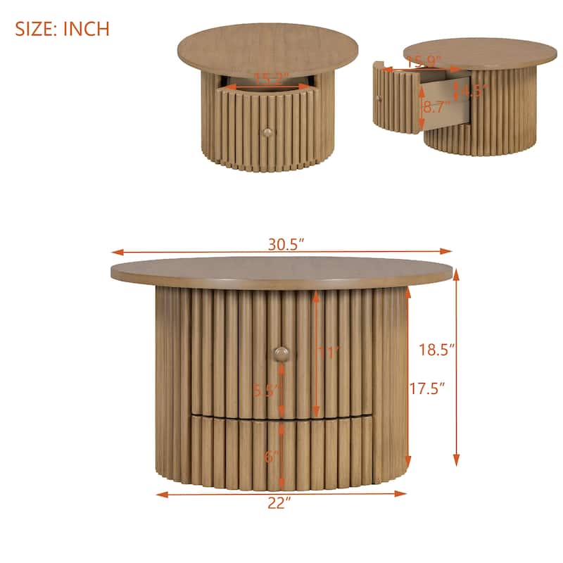 Roomfitters Round Coffee Table, Center Table with Vertical Slat Base and Hidden Storage, 30-Inch Modern Farmhouse Design