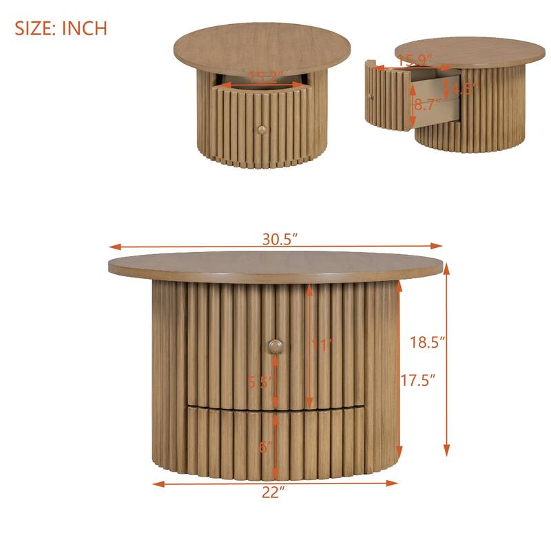 Round Coffee Table for Living Room in Natural, Farmhouse Coffee Table with a Drawer, Center Table with Vertical Slat Ba
