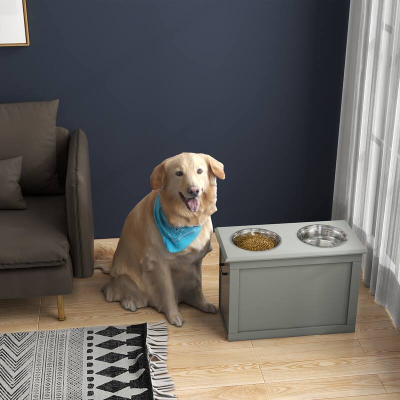 PawHut Raised Pet Feeding Storage Station with 2 Stainless Steel Bowls Base for Large Dogs and Other Large Pets - Gray