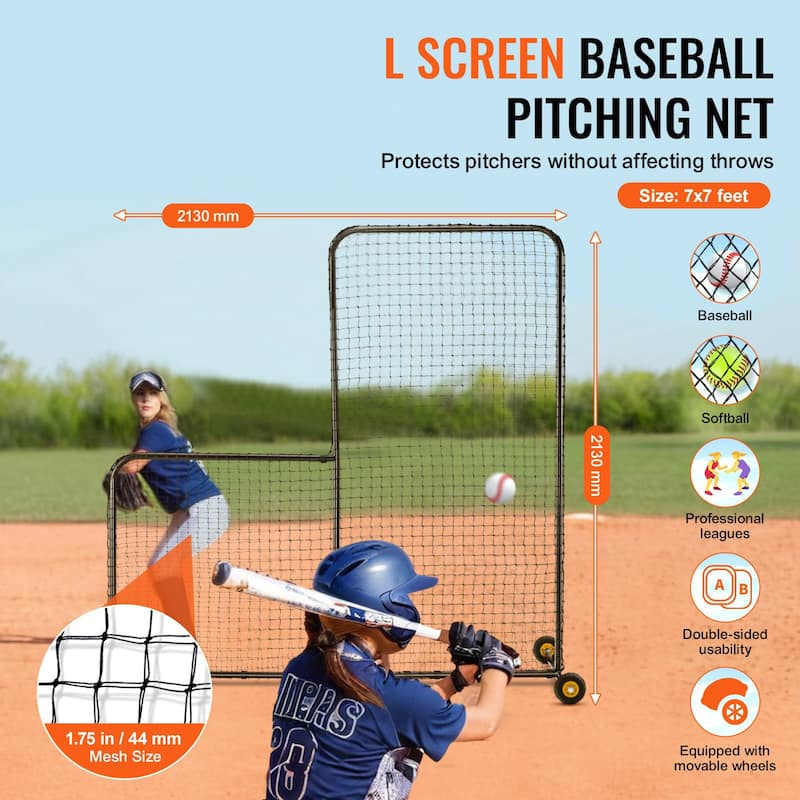 7 x 7 Feet Black Portable L Screen Softball Safety with Carry Bag and Wheel