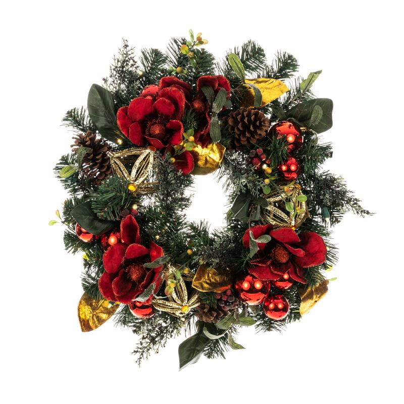 24 in. Lighted Christmas Wreath - Red Magnolia - Assorted