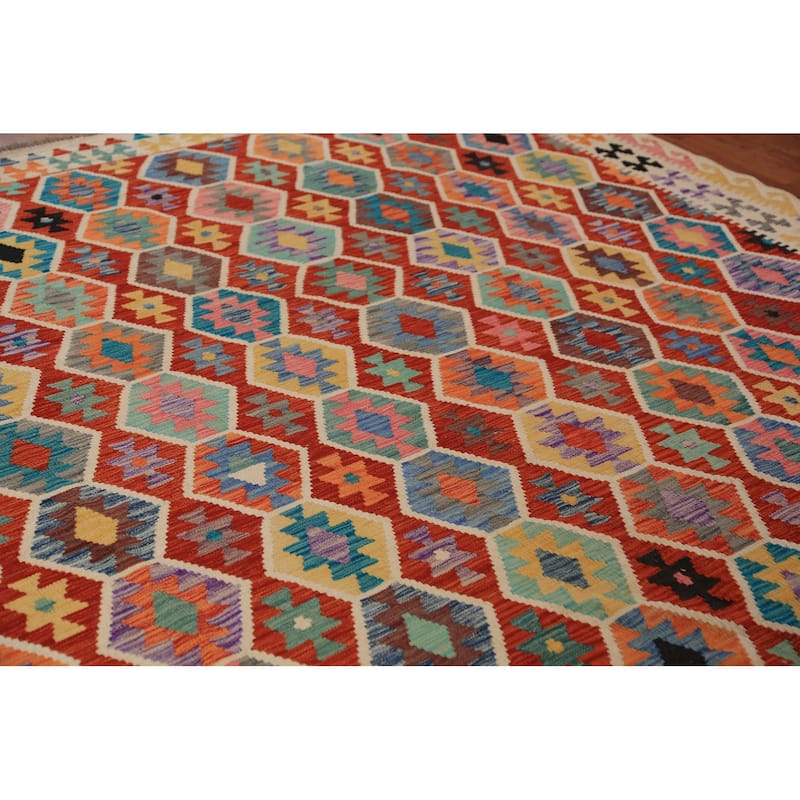 Orange Geometric Kilim Oriental Area Rug Hand-Woven Wool Carpet - 8'10"x 9'10"