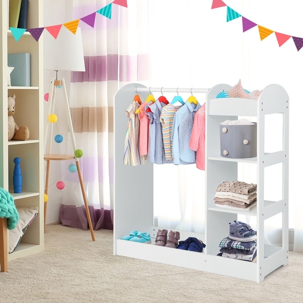 green emerald velvet dress White kids clothing rack with shelves  house-shaped wooden Montessori   Domico Kids