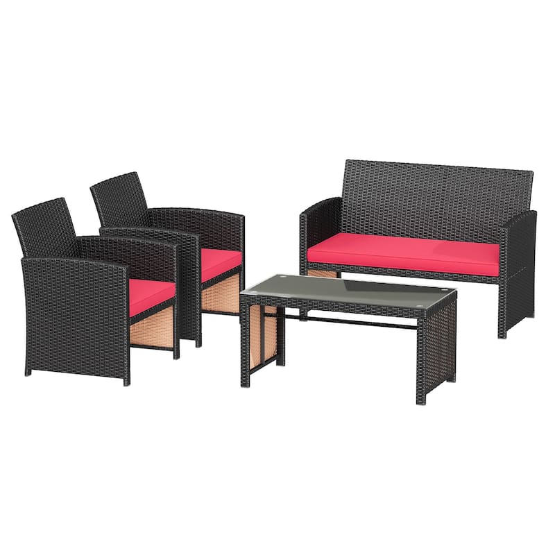 EROMMY 4-Piece Patio Furniture Set with Cushions, Wicker Sofa and Glass Coffee Table, All-Weather PE Rattan Conversation Set.