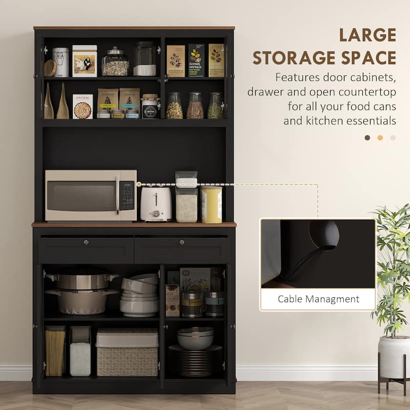HOMCOM 71" Tall Kitchen Pantry Storage Cabinet with Microwave Stand, Adjustable Shelves and Glass Doors for Kitchen, White