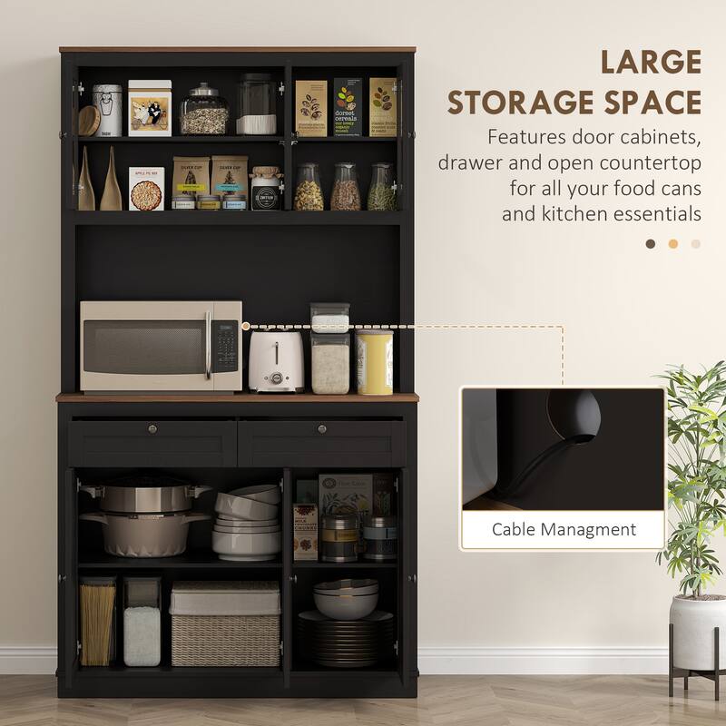 Tall Adjustable Shelves Kitchen Pantry Cabinet with Glass Doors and 8 Compartments 2 Drawers - 39.4" W x 15.7" D x 70.9" H