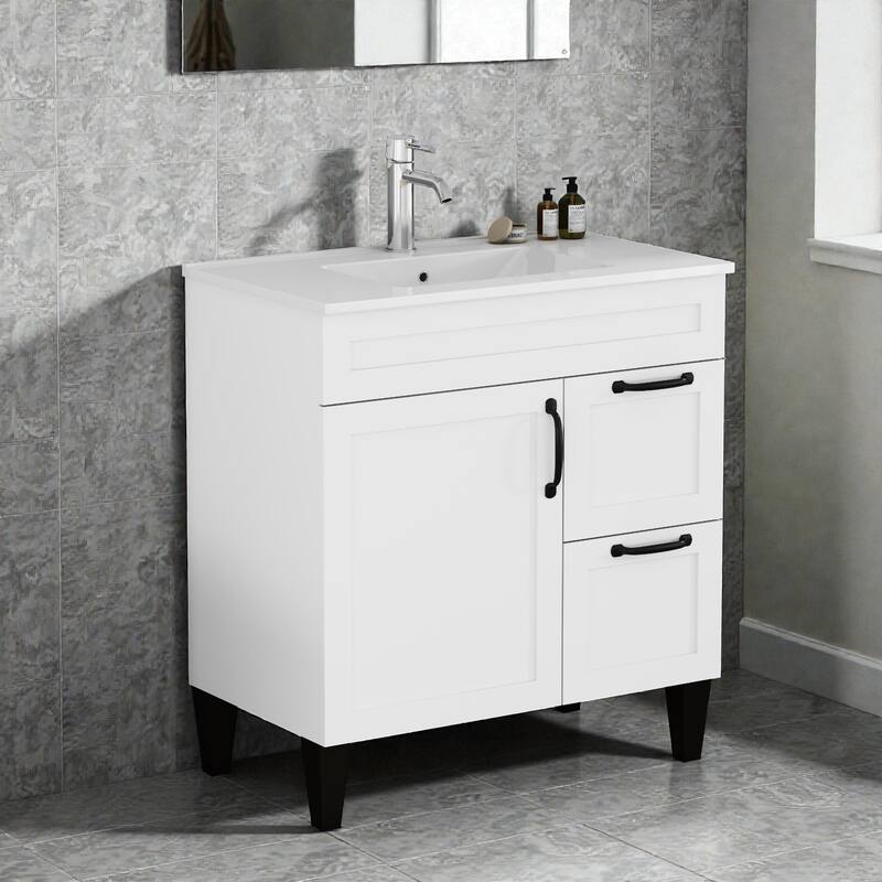 31.9" Bathroom Vanity with Ceramic Sink, 2 Drawers and 1 Door, Soft-Close Storage Cabinet, Black Hardware