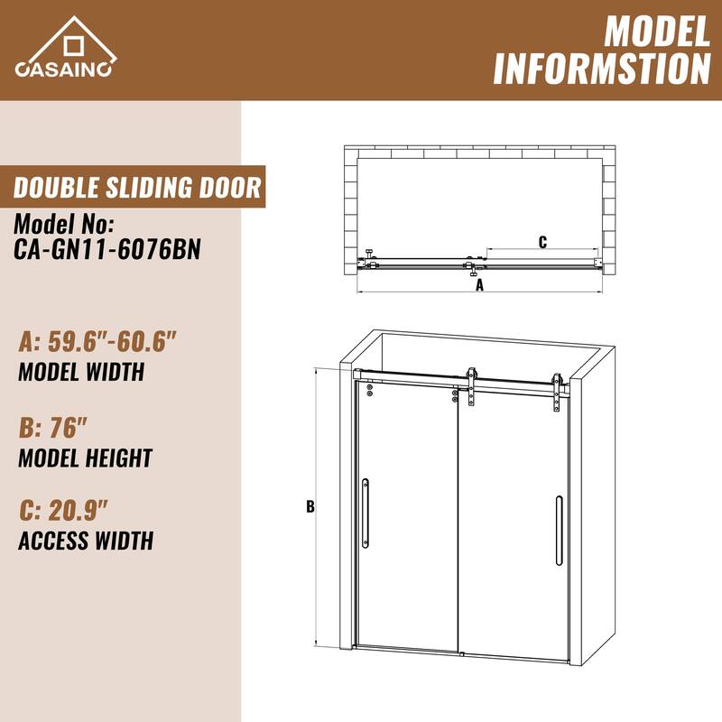 60 in. W x 76 in. H Frameless Shower Door with Tempered Glass
