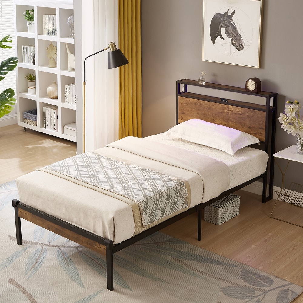 Black+Brown Twin Size Metal Platform Bed with Wooden Headboard and USB
