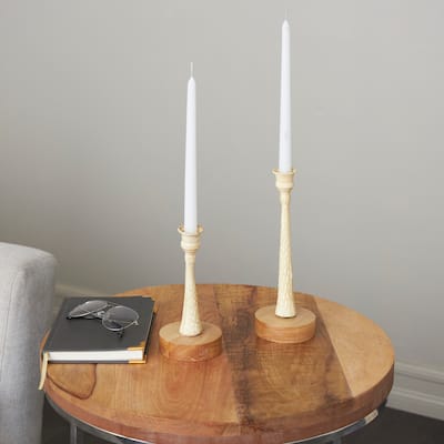 Cream or Light Blue Metal Textured Tapered Candle Holder with Brown Wood Bases (Set of 2)