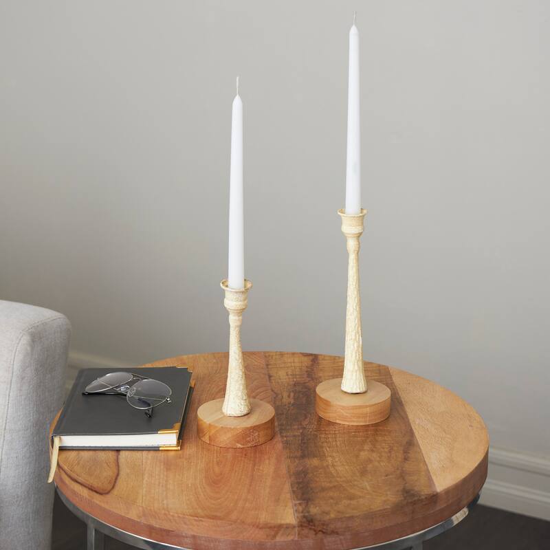 Cream or Light Blue Metal Textured Tapered Candle Holder with Brown Wood Bases (Set of 2)