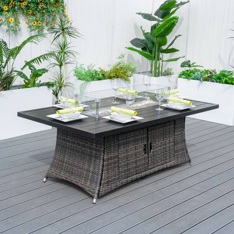 Outdoor Rectangular Aluminum Firepit Table with Windproof Glass Cover - Brown