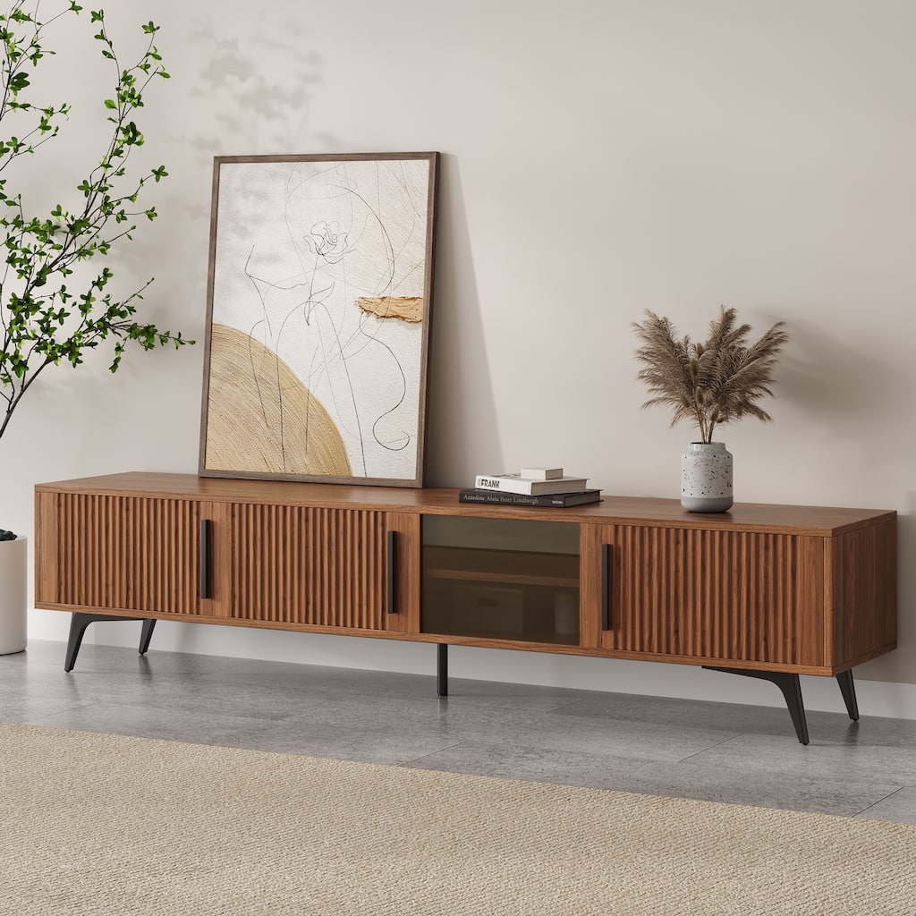 79" Mid-Century Modern Ribbed Wood TV Stand with Storage Cabinets and Glass Shelf – Entertainment Center Fits 85" TVs