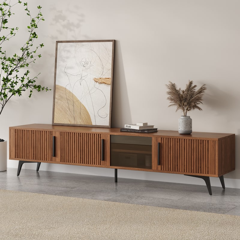 79" Mid-Century Modern Ribbed Wood TV Stand with Storage Cabinets and Glass Shelf – Entertainment Center Fits 85" TVs - Brown