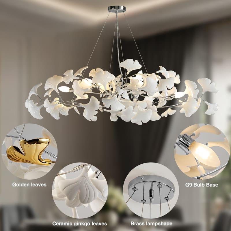 KAYLA Ceramic Ginkgo Leaf 8 -Light L40 Inch Chandelier