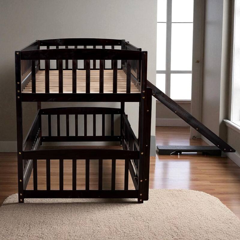 Twin Over Twin / Full Over Full Bunk Bed with Slide and Fence, Low Wood Frame with Ladder for Kids and Teens