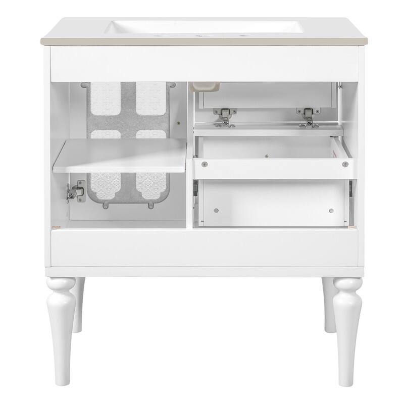 Solid Wood Frame Retro Style Bathroom Vanity with 30'' Ceramic Sink Combo, Freestanding Vanity Storage Cabinet with Glass Door