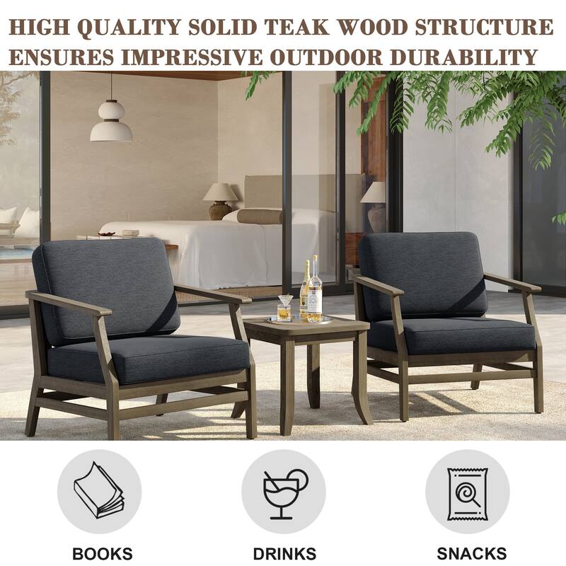 3 Set Outdoor Teak Wood Club Chairs with Side Table