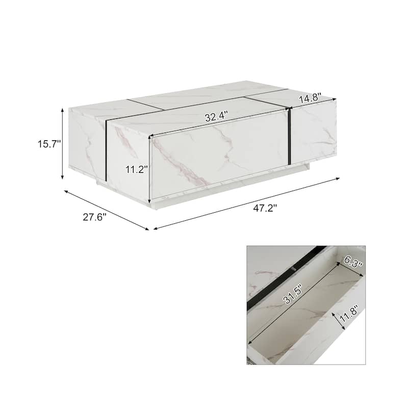 Roomfitters Rectangular Sliding Top Coffee Table, White Marble Look Center Table with 2 Drawers and Hidden Storage