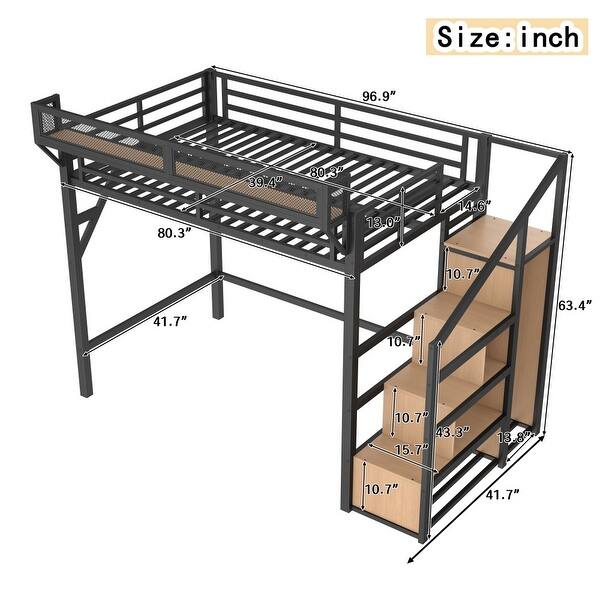 dimension image slide 0 of 2, Metal Loft Bed with Storage Stairs, Shelves and Built-in Wardrobe