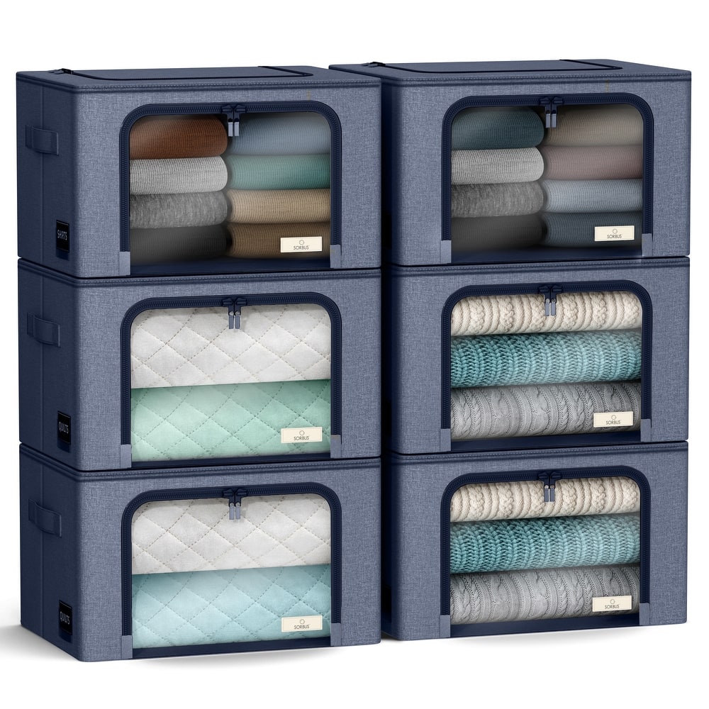 Sorbus Large Storage Bins with Metal Frame, Carry Handles, and Clear Windows, 6 Pack Stackable & Foldable Clothes Organizer Bags