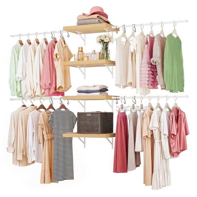 Wall-Mounted Clothing Storage Rack Multi-Functional Closet Organizer System with Adjustable Rods and Shelves
